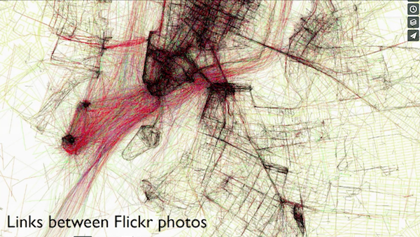 Eric Fischer's mapped visualization of users' paths through the city using location data from Flickr photos. 